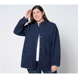 Susan Graver Weekend Navy‎ Blue Sherpa Fleece Button Front Jacket Faux Leather